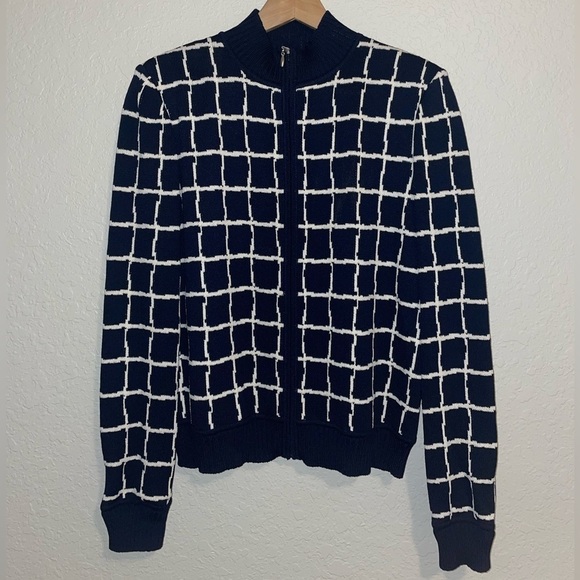 St. John Window Pain Women’s Size 8 Navy Blue White Sweater Jacket Zipper Front - Picture 5 of 8